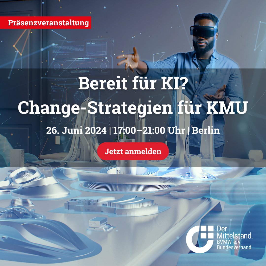 Sie möchten wissen, wie Sie #KI in Ihrem Unternehmen einführen? Dann seien Sie am 26.06.2024 in Berlin dabei! Das @digitalzberlin erwartet Sie mit einem spannenden Programm rund um KI &amp; #ChangeManagement in #KMU!

Jetzt kostenfreie Tickets sichern: bit.ly/kuenstliche-in…