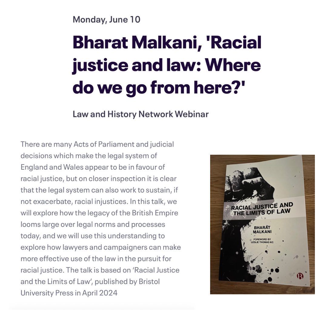 Russell Sandberg (@sandbergrlaw) on Twitter photo All are welcome at the next <a href="/LawHistNetwork/">Law and History Network</a> webinar on Monday 10th June at 5pm. @bharatmalkani from <a href="/CardiffLaw/">Cardiff Law</a> will be talking about 'Racial justice and law: Where do we go from here?', drawing on his new <a href="/BrisUniPress/">Bristol Uni Press</a> book.
Register for the Zoom at: eventbrite.co.uk/e/bharat-malka… All are welcome at the next <a href="/LawHistNetwork/">Law and History Network</a> webinar on Monday 10th June at 5pm. @bharatmalkani from <a href="/CardiffLaw/">Cardiff Law</a> will be talking about 'Racial justice and law: Where do we go from here?', drawing on his new <a href="/BrisUniPress/">Bristol Uni Press</a> book.
Register for the Zoom at: eventbrite.co.uk/e/bharat-malka…