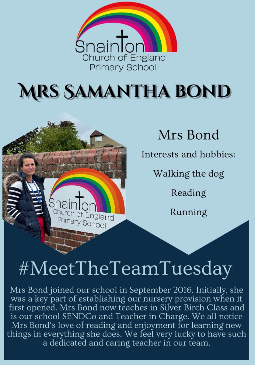 SnaintonSchool's tweet photo. It’s Tuesday and we take time to introduce another member of our dedicated staff team in our village school. Today we introduce Mrs Bond. 

#MeetTheTeamTuesday https://t.co/Xkfmq1HAKU