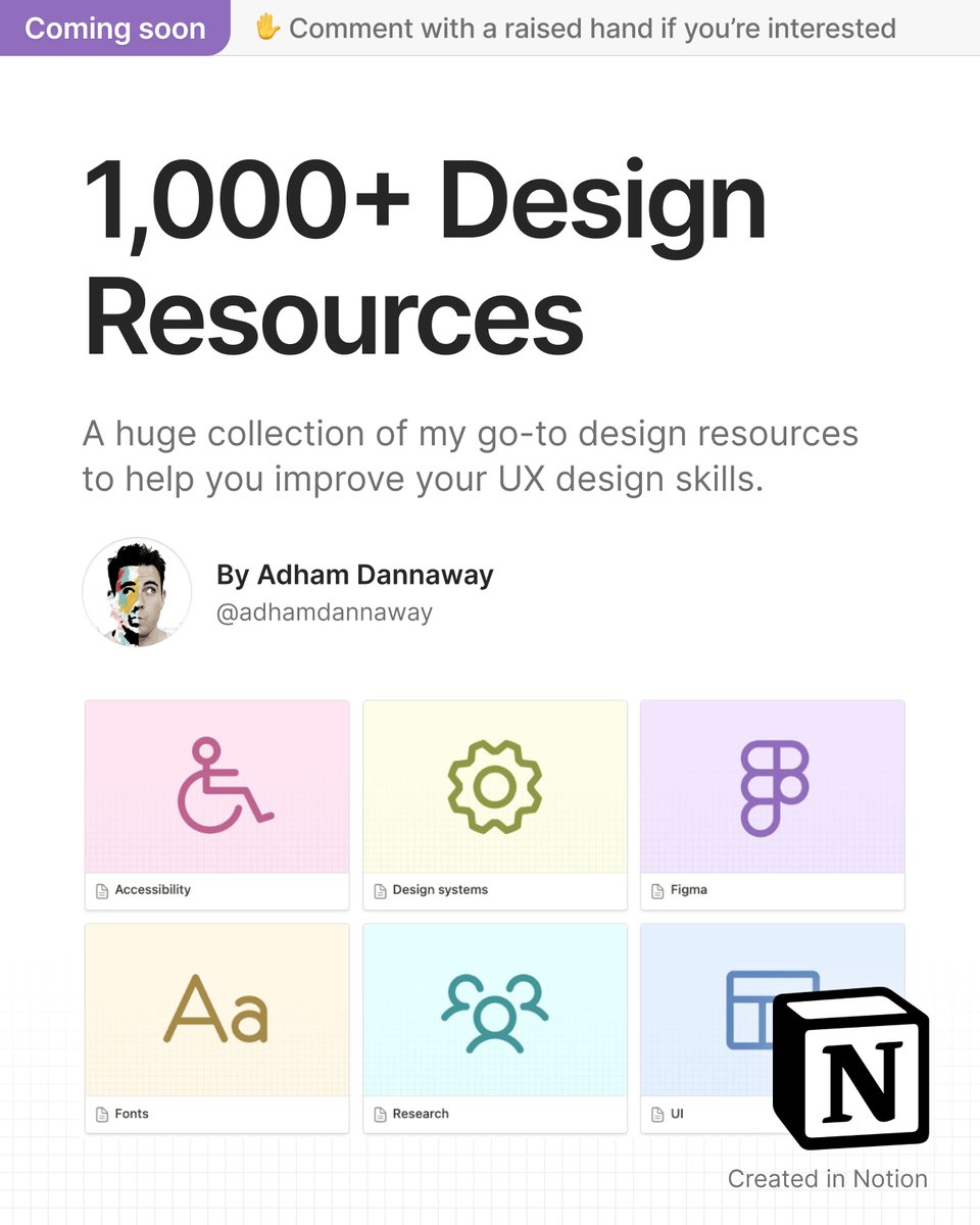 AdhamDannaway's tweet image. 🧠 1,000+ Design Resources

I share lots of design resources daily. I&apos;ve started to organise them using @NotionHQ so they&apos;re easier to find.

✋ Comment with a raised hand if you’re interested in getting free access to the collection of design resources once it&apos;s completed.