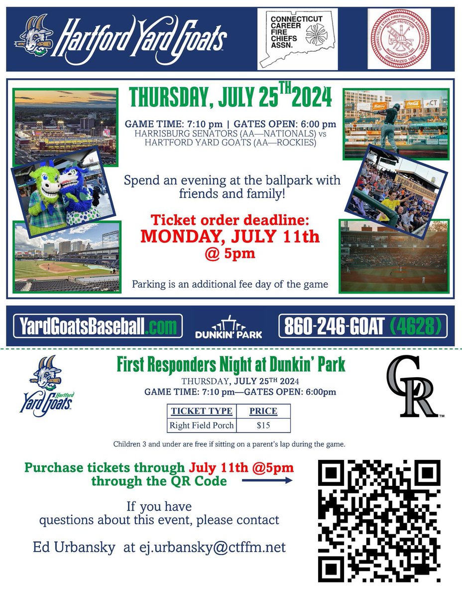 CSFA1's tweet photo. First Responders Night at Dunkin’ Park
THURSDAY, JULY 25TH, 2024
GAME TIME: 7:10 pm — GATES OPEN: 6:00pm

Right Field Porch tickets can be purchased for $15, by scanning the QR code or by the link below.

Deadline to order is JULY 11TH at 5 pm!

https://t.co/zIpF4TOdQg https://t.co/4nnY1wbozG