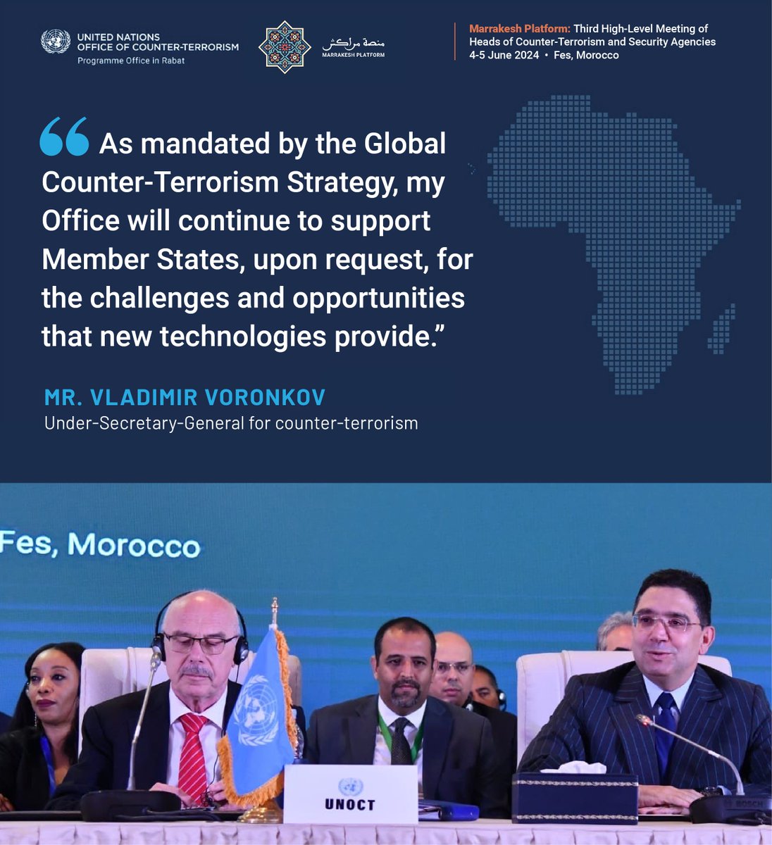 UN_OCT's tweet photo. At the #MarrakechPlatform, USG Voronkov noted that while #AI can be misused by terrorist groups, it also offers new opportunities for #CounterTerrorism at operational & strategic levels
@UN_OCT is committed to support #CapacityBuilding in #Africa
👉https://t.co/lOx5gw68yX https://t.co/LrGIYCblBA