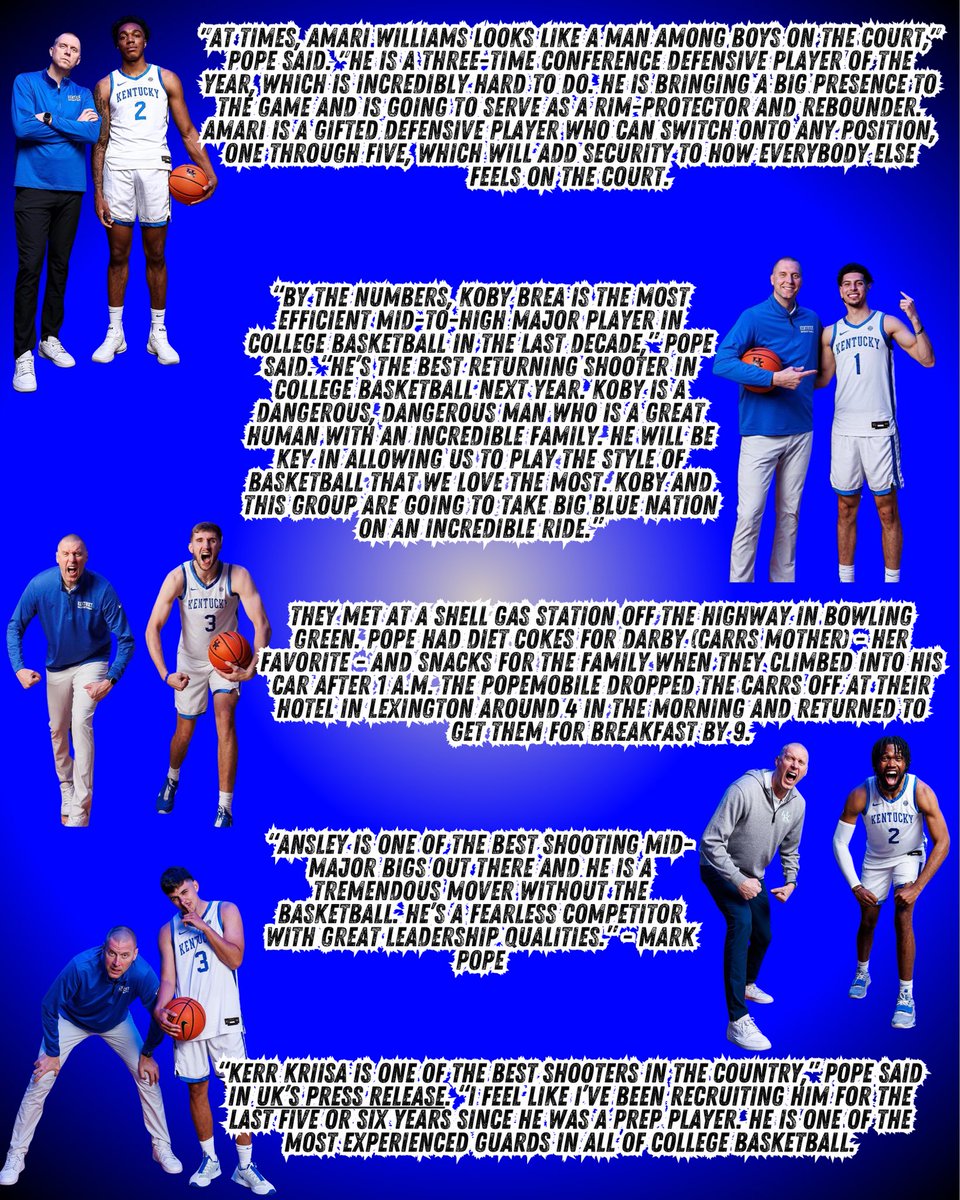 ComebackCatsBBN's tweet photo. Here is what Mark Pope has had to say about some of the portal additions๐โฌ๏ธ๐ผ
#BBN #KentuckyBasketball #KentuckyWildcats #WeAreUK #MarkPope #AmariWilliams #KobyBrea #AnsleyAlmonor #AndrewCarr #KerrKriisa https://t.co/63qz5qPXQv