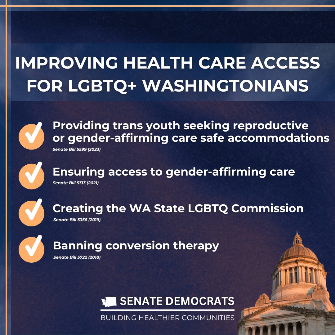 Senate Democrats are fighting to build healthier communities across Washington state, ensuring our LGBTQ+ neighbors can access the care they need to thrive and live authentically. Our continued work reflects that mission: