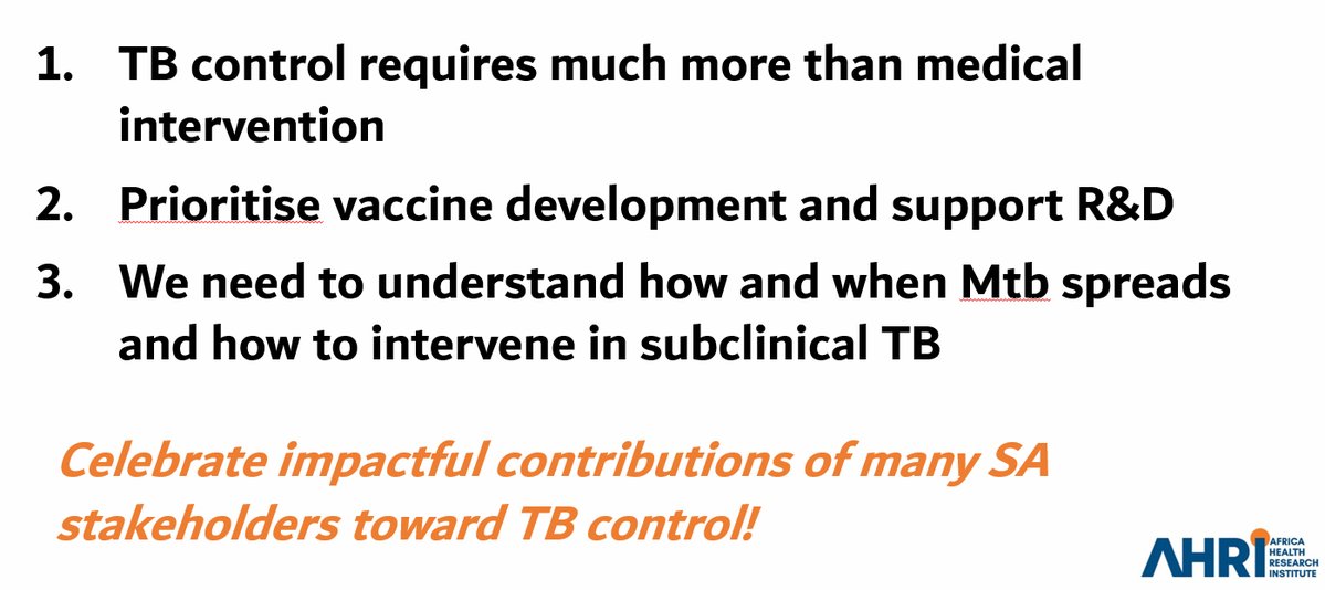 Final remarks from <a href="/WillemAHanekom/">Willem Hanekom</a> as he closes his opening plenary at #SATBconference

✅ TB control requires much more than medical intervention
✅ Prioritise vaccine development &amp; support R&amp;D
✅ We need to understand how &amp; when Mtb spreads &amp; how to intervene in subclinical TB