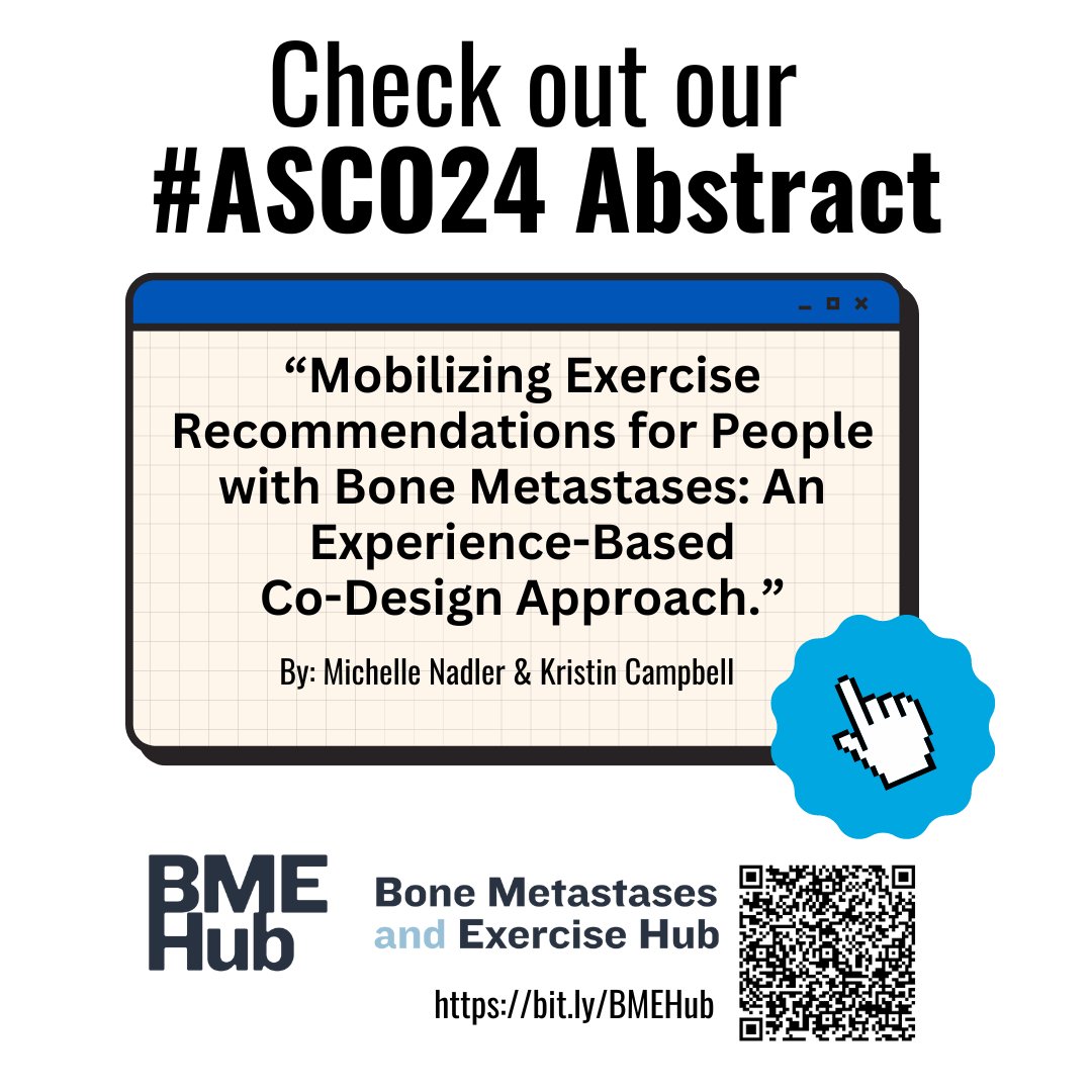 Check out our #ASCO24 abstract discussing an experienced-based co-design approach for mobilizing exercise recommendations for people with Bone Metastases. 
🔗 meetings.asco.org/abstracts-pres…

#CancerManagement #MetastaticCancer #CancerAndExercise #CancerRehab #BoneMetastases #BMEHub