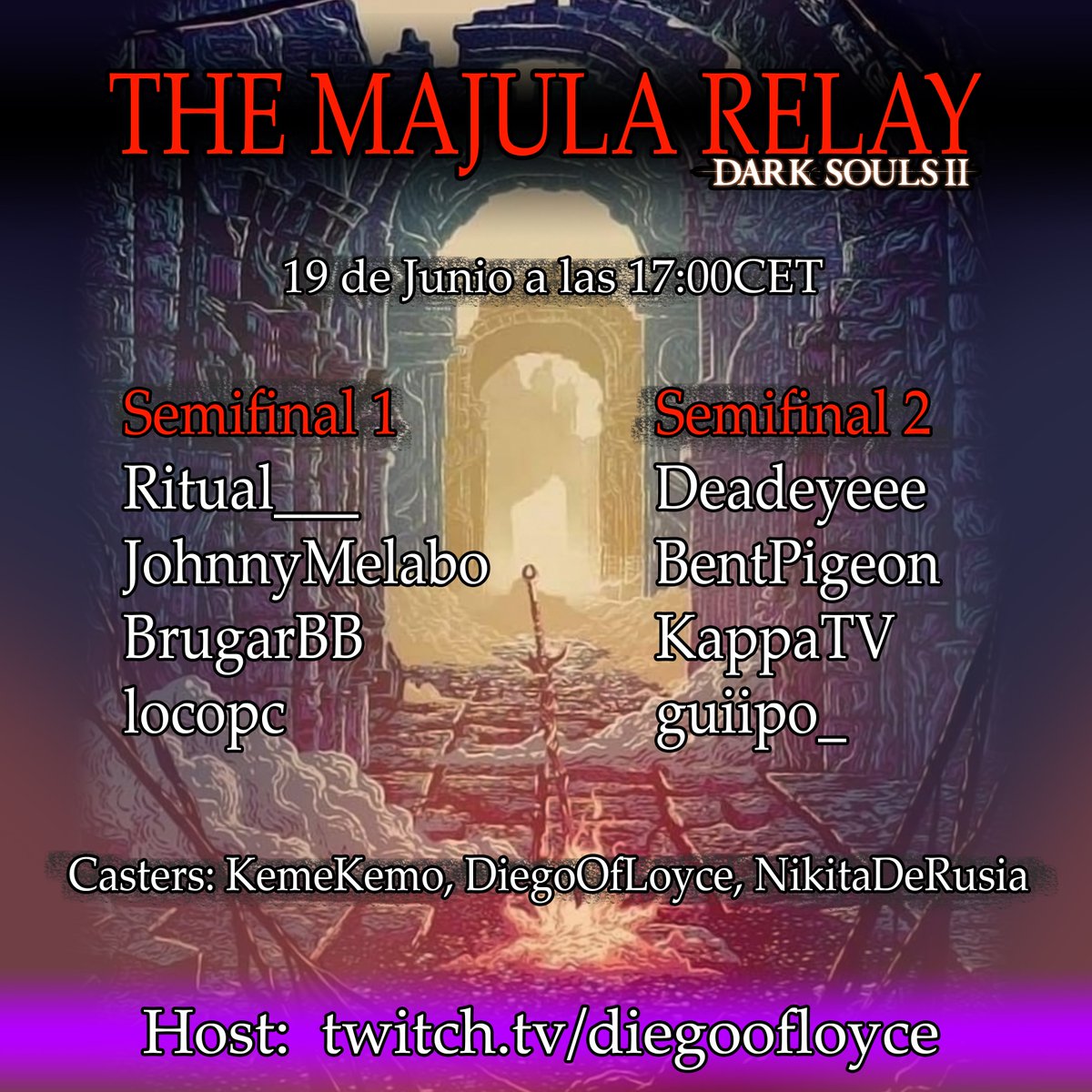 !!! TENEMOS EVENTO NO HIT  DE DARK SOULS 2 !!! 
El 19 de Junio en mi canal de Twitch tendremos un pedazo eventazo con tremendos runners y casters.
Agradecería mucho que retwittearais y le dieran me gusta para tener mayor visibilidad. 
twitch.tv/diegoofloyce