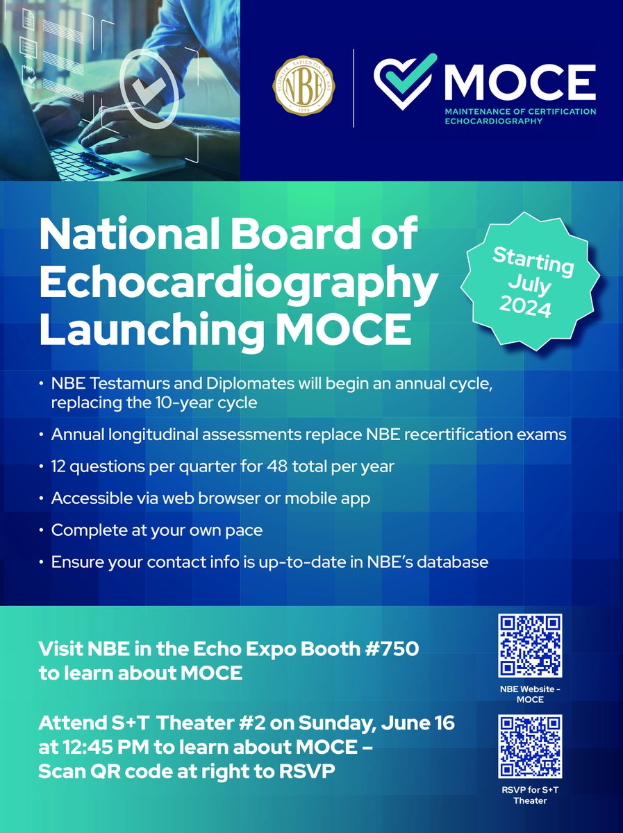 National Board of Echocardiography (@nbe_96) on Twitter photo Attending #ASE2024? Don't miss S+T Theater Sun. June 16 12:45PM. NBE Testamurs & Diplomates begin MOCE in July 2024. Physicians test their echo knowledge on an ongoing basis through a longitudinal assessment. Lunch is provided. RSVP tinyurl.com/mrxrx443 <a href="/ASE360/">American Society of Echocardiography</a> #NBEMOCE Attending #ASE2024? Don't miss S+T Theater Sun. June 16 12:45PM. NBE Testamurs & Diplomates begin MOCE in July 2024. Physicians test their echo knowledge on an ongoing basis through a longitudinal assessment. Lunch is provided. RSVP tinyurl.com/mrxrx443 <a href="/ASE360/">American Society of Echocardiography</a> #NBEMOCE