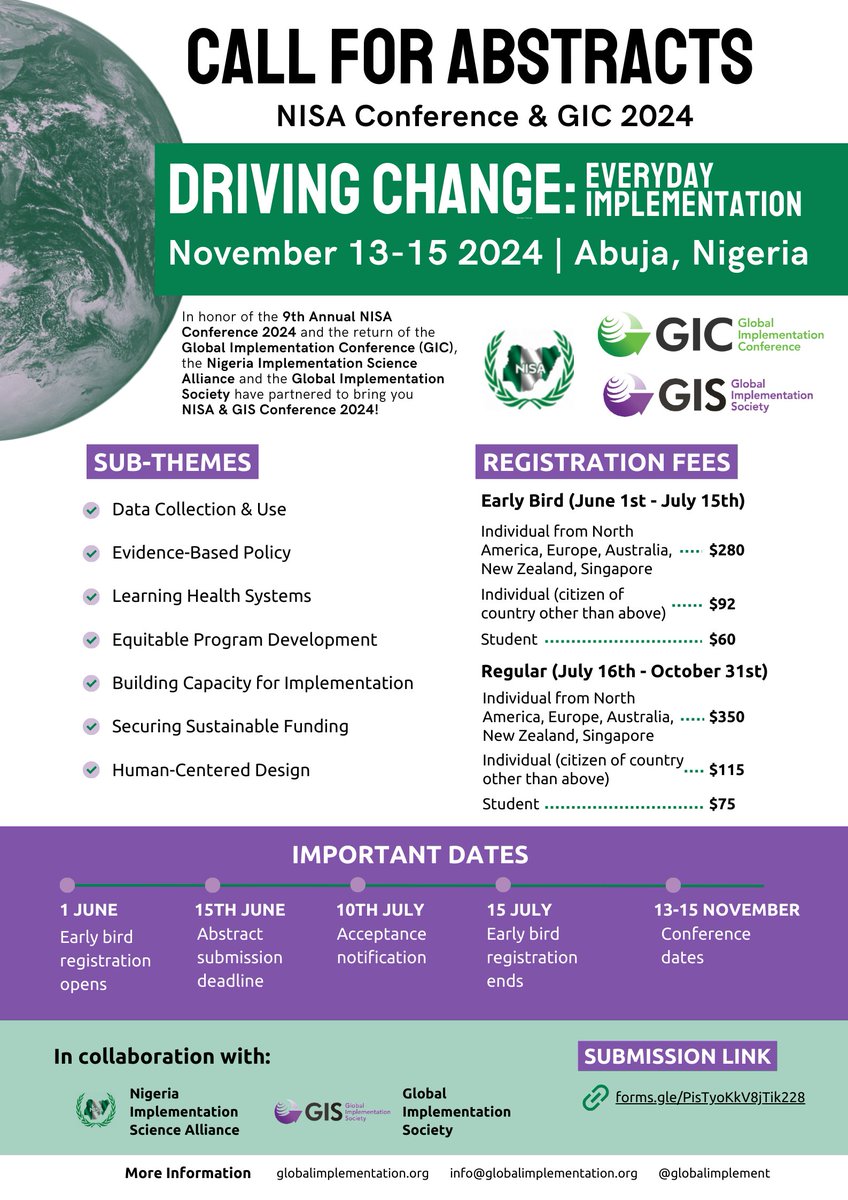 GlobalImplement's tweet image. 📢Only 11 more days to submit your abstract for the NISA &amp;amp; GIS Global Implementation Conference happening in Abuja this November! Please share this call with your #ImpSci networks and colleagues💪 Submit here: forms.gle/PisTyoKkV8jTik…