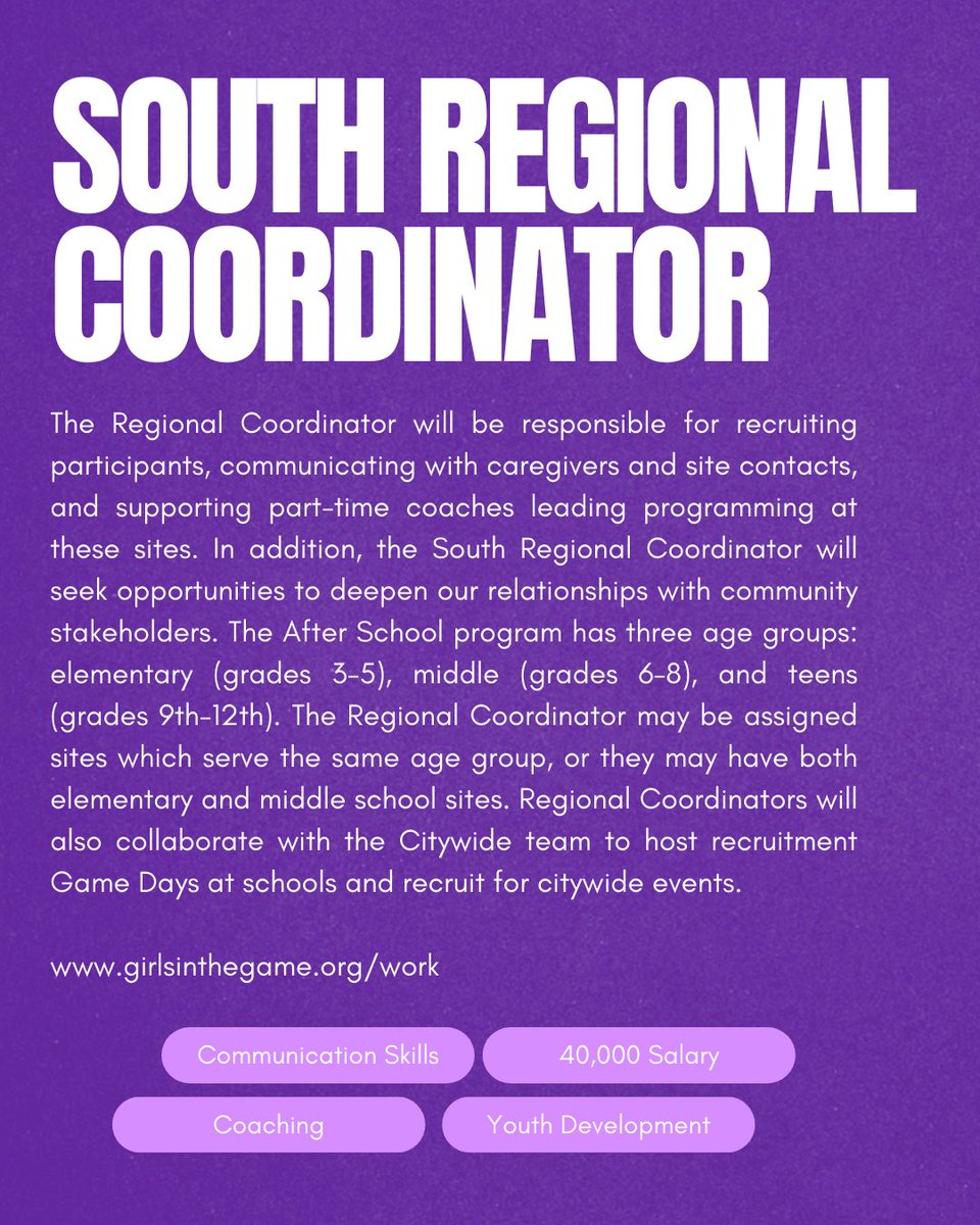 Girls in the Game is #hiring #fulltime positions on our staff! Are you interested in working in the #Nonprofit sector? Join us and help create #DeterminedNation 
To learn more about the jobs and apply, head to girlsinthegame.org/work