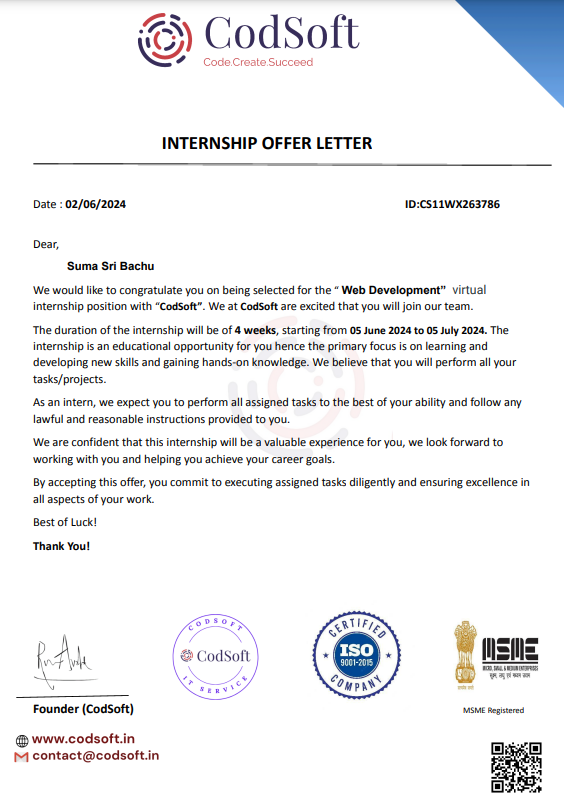 b_suma03's tweet photo. Hey there,
I am happy to share that I have got an internship in web development at CodSoft 😊
The internship period is for a month starting from 5th June

#web #codsoft #webdevelopment #internship #intern #fresher #learning
#frontend #learninginpublic https://t.co/1756WHVrLq