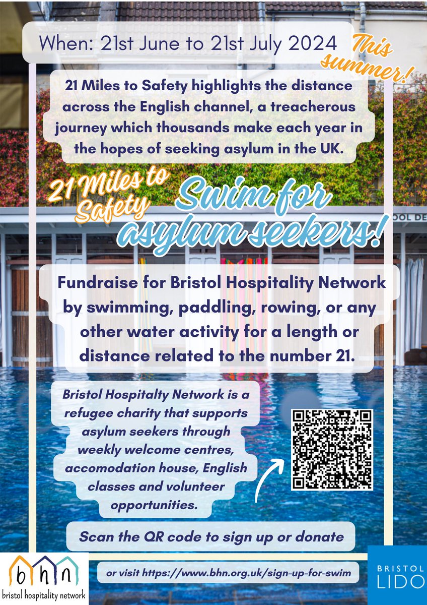 For all our members and community access, please support Bristol Hospitality Network in swimming 21 miles from 21st June to 21st July.  Current swim limit is 125 metres, this will be increased to 160 metres in July if you need some help with calculating the distance 😊