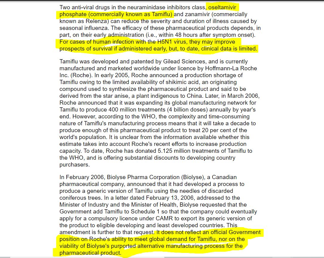 HealthLawAdamH's tweet photo. Reminded yet again of the time that Canada added oseltamivir (Tamiflu) to the list of drugs eligible for #CAMR in response to #H5N1 despite limited evidence.
(& how they never made any products for COVID-19 eligible, despite a request from the same company, and better evidence) https://t.co/QkWZMWpdCt