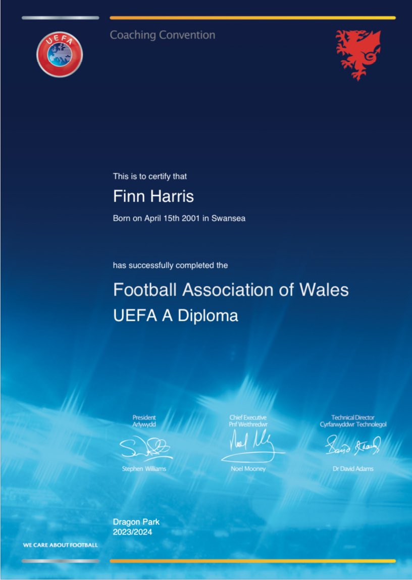 FinnleyHarris's tweet photo. Finally after a long old year I can say that I’m an A license Coach. Now to take the learnings into the next season. #YJB ⚽️🦢 https://t.co/kNNWyGxktw