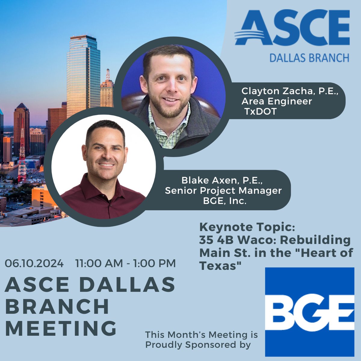 👋 Join us on Monday June 10th for our monthly ASCE Dallas meeting! This month's meeting is proudly sponsored by BGE, Inc.! The itinerary for this month's meeting is below! 👇

Register now 👉 lnkd.in/gVY8QGPu