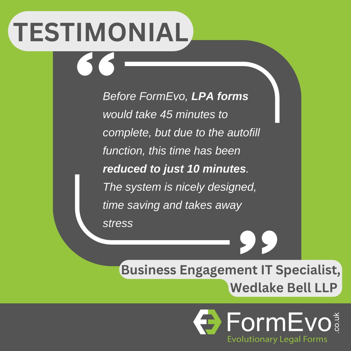 Thrilled to share this fantastic testimonial from one of many valued #lawfirm clients. Their words are a testament to our commitment to excellence, &amp; it's great to hear the difference our cloud-based #legalforms make to their working day. #FormEvo #SDLT #legaltech #happycustomers