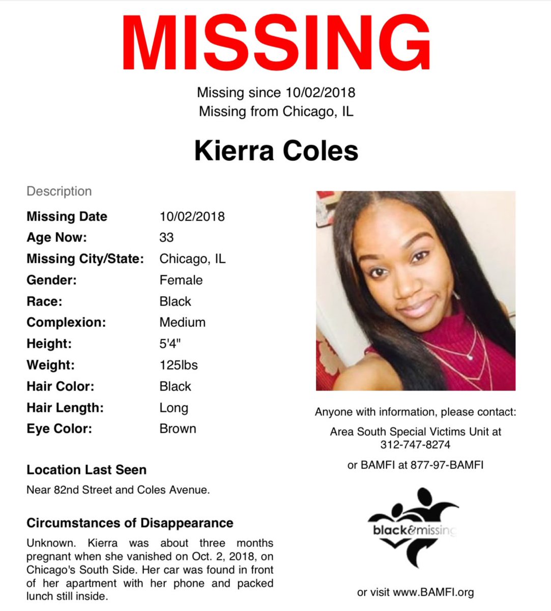 BAM_FI's tweet photo. #Chicago, #IL: Now 33y/o #KierraColes was about 3 months pregnant when she vanished on October 2nd, 2018 near 82nd St &amp; Coles Ave. Her car was found in front of her apartment with her phone &amp; packed lunch still inside. She remains MISSING. 

Pls share to #HelpUsFindKierraColes https://t.co/Er7pJB4mWz