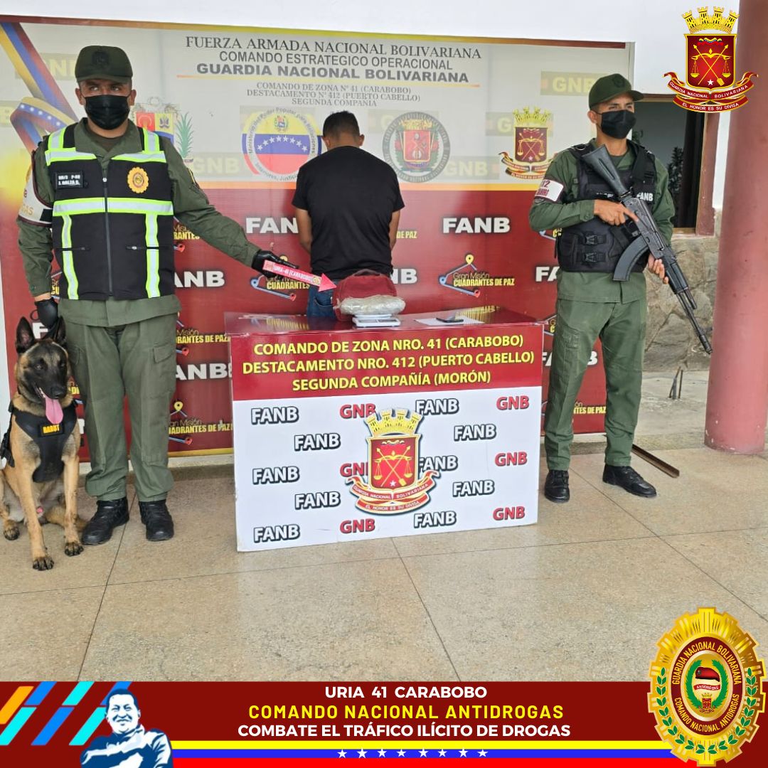 Efectivos de la FANB adscritos a la URIA Carabobo y al D-412 del CZGNB-41 (Carabobo), de servicio en el "P.A.C. Pequiven”, incautaron un (01) envoltorio de Marihuana de Quinientos Diecisiete gramos (0,517 Kg ), 

Comando Nacional Antidrogas 
#AfirmativosYPaLante #GNB