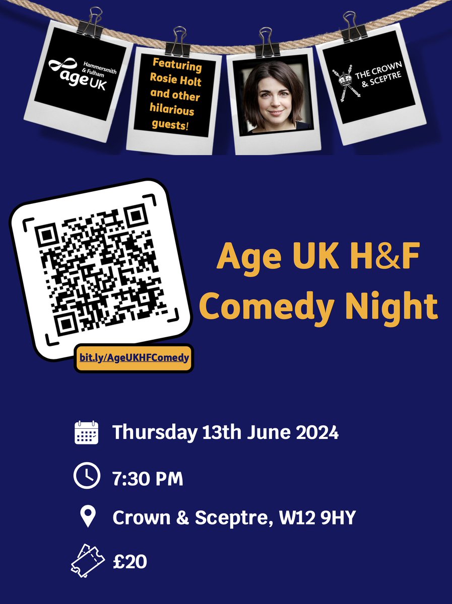 🤣Head down the @CrownSceptreW12 on 13 June for the @AgeUKHF Comedy Night. Hilarious guests include Maddie Campion, @DarrenWalshPuns and @RosieisaHolt, who will be performing for your entertainment and to raise money for local older people. Tickets: giving.give-star.com/event/age-uk-h…