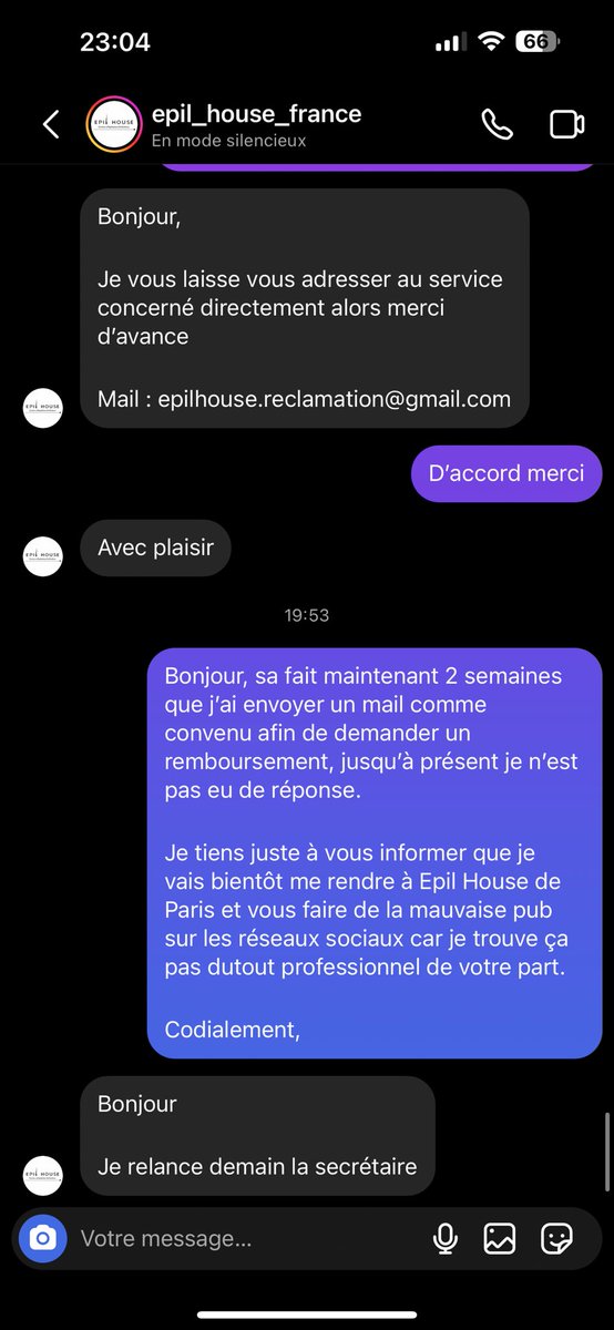 ParleMaSoeur's tweet photo. Le 8 mai, j’ai envoyé le mail. J’ai attendu 2 semaines, sans réponse. Le 22 mai, j’envoie un message pour les avertir que j’allais leur faire de la mauvaise pub sur les réseaux et me rendre au EPIL HOUSE de Paris. Elle me répond qu’elle relancera la secrétaire demain. LOL https://t.co/AAzMz75d15