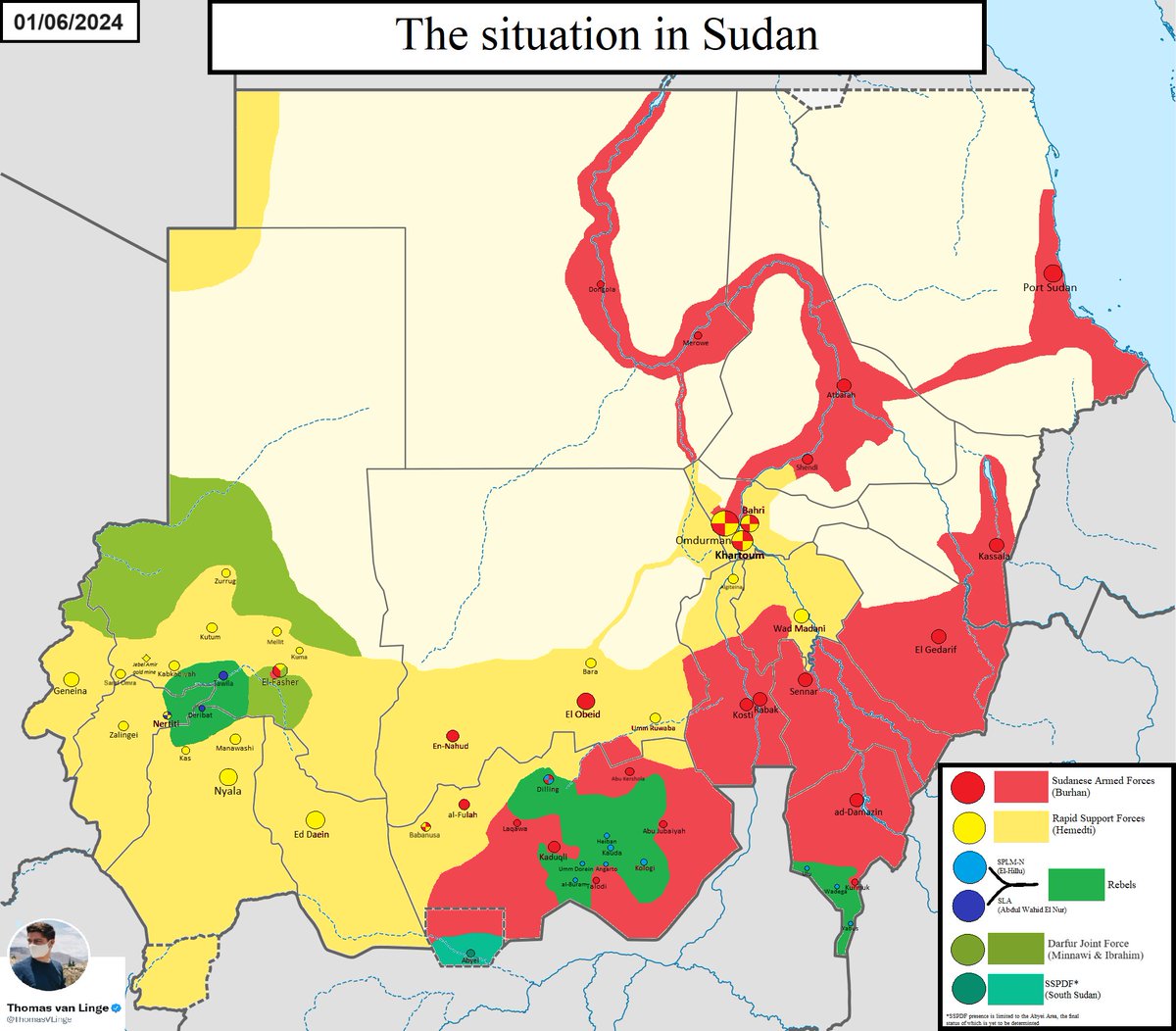 Se acercan los catorce meses desde el inicio de la guerra en Sudán, completamente ignorada en los medios de comunicación.

2,5 millones morirían en septiembre debido al hambre. 

Mapa con la proyección del conflicto al 1°-6. No cesa. África olvidada. La están rapiñando, además.