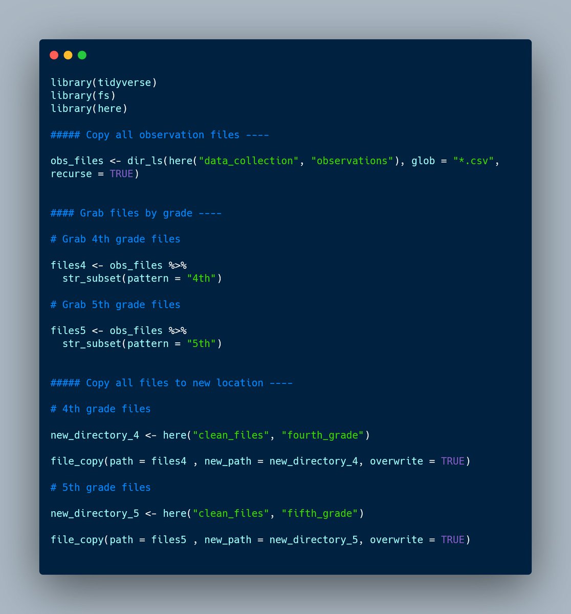 If you ever need to move files around in your directory, #rstats can help do this quickly, especially when you are working with hundreds of files! Here is just one way you might quickly sort and copy files into a new location.