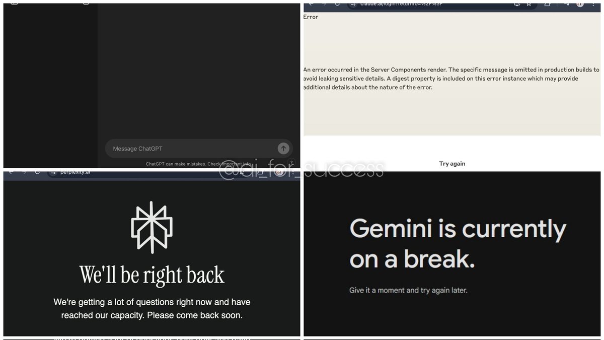 🚨 The following AI systems are down

OpenAI - ChatGPT
Google - Gemini down
AnthropicAI - Claude down
Perplexity  down

DDOS or just coincidence??
#ChatGPT