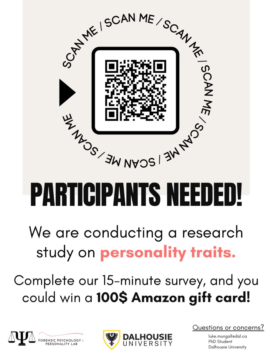 I'm recruiting Canadians to complete a 10-15 minute survey on personality traits! Complete the survey, and you’ll be entered into a draw to win 1 of 3 100$ Amazon gift cards!

Follow this link to participate!
dalpsych.qualtrics.com/jfe/form/SV_3d…

Please Like and RT!
<a href="/PsychNeuroDal/">Psych & Neuro Dalhousie</a> 
<a href="/LabFpp/">FPP Lab</a>