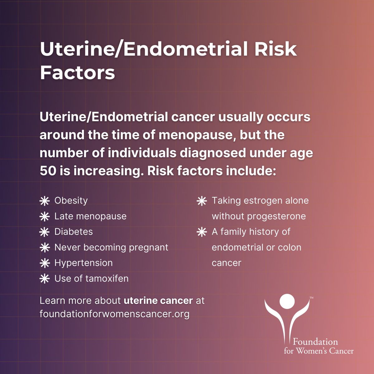 Endometrial cancer is the most common gynecologic cancer and its incidence is rising. Knowing the symptoms and risk factors of endometrial cancer can potentially lead to early detection and better outcomes. #UCAM

Learn more:
bit.ly/fwc-endo-cancer