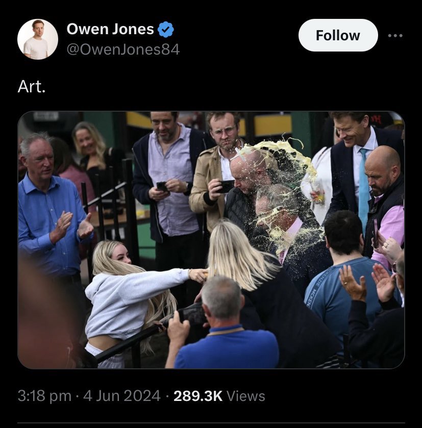 “Art”. Can only imagine how apoplectic Owen Jones would be if someone did this to Angela Rayner or Diane Abbott. 

He would already be writing a Guardian column comparing Britain to 1930s Germany.