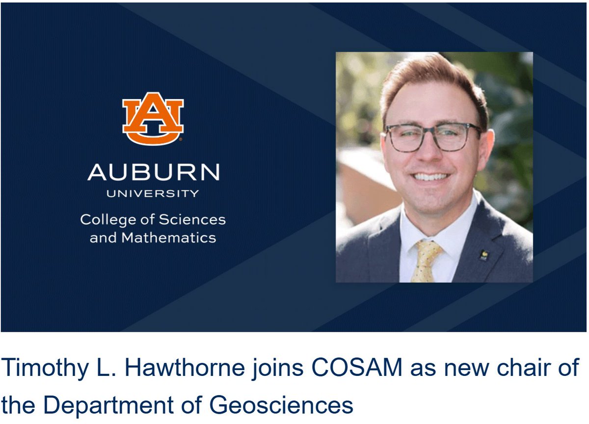 I am thrilled to be joining Auburn University as the next Chair and Full Professor of Geosciences later this summer. So much gratitude and excitement. I can't wait to get started. 

Link to the COSAM story: tinyurl.com/ycyy94u4

#WarEagle #Auburn @Geosciences #GIS <a href="/AuburnU/">Auburn University</a>