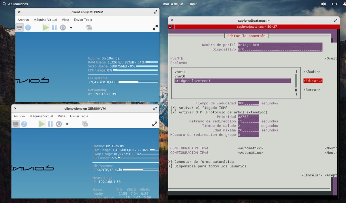 xapiens's tweet image. configure bridge without network manager:

# comment the primary network:
# iface &amp;lt;device&amp;gt; inet dhcp

# define bridge
auto br0
iface br0 inet dhcp
     bridge_ports &amp;lt;device&amp;gt;
     bridge_stp off
     bridge_fd 0
     bridge_maxwait 0

# source of network: Bridge br0
#QEMU #bridge