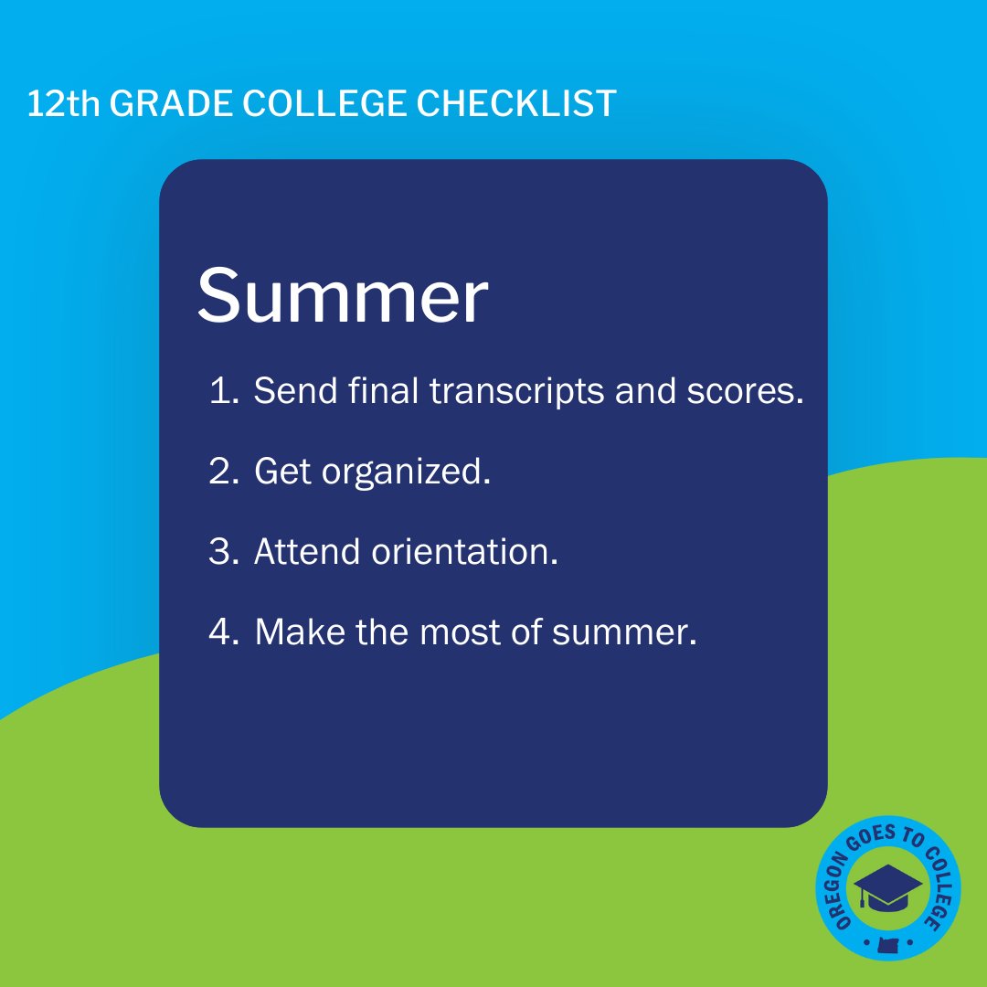 ORGoesToCollege's tweet image. 🎉Congrats! You're done with high school and ready for your next step.🎓 Ensure you stay on top of the details you need to attend college in the fall while enjoying your summer!
#ItsAPlan #CollegeChecklist #CollegeBound #DreamsToReality