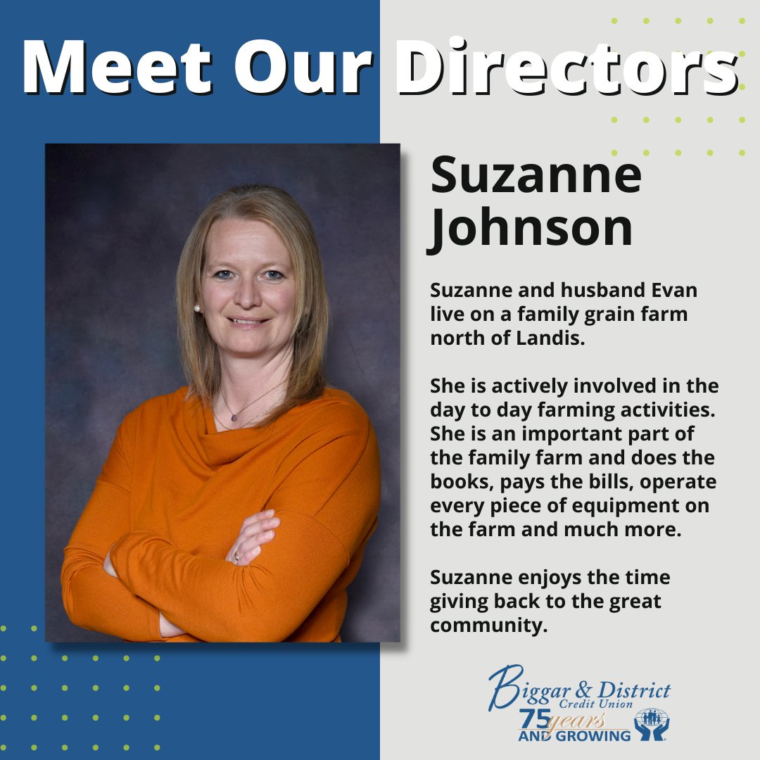 MEET OUR NEW DIRECTORS
Suzanne Johnson joined the board in 2023. Welcome back for another year, Suzanne. 

Meet more of your directors by visiting our website biggarcu.com/en/about-us/wh…