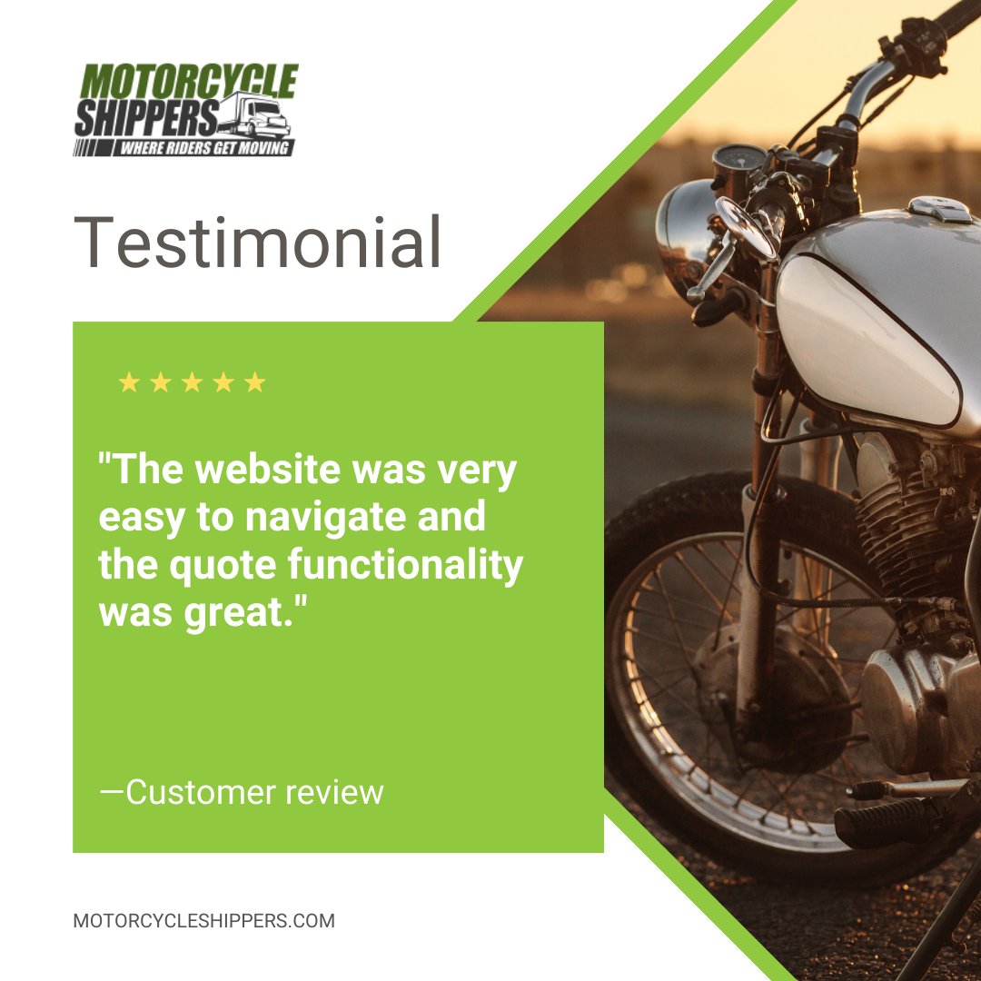 MotorcycleShipp's tweet photo. ⭐️⭐️⭐️⭐️⭐️ The website was very easy to navigate…

Make your shipping experience enjoyable with Motorcycle Shippers. Read more reviews: https://t.co/9MNAvUzA0h     

🌐 https://t.co/WoguhDMI94 | Where Riders Get Moving. 📞 Call us today at (800) 730-3151    

#bike ... https://t.co/NbZVxl05Ji