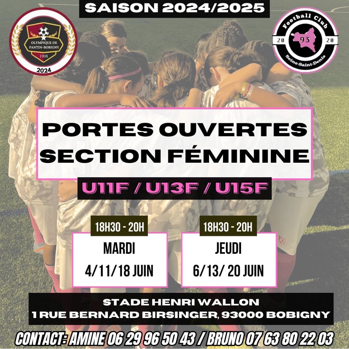 [FEMININES]
Notre section féminine ouvre ses portes à toute 😁✅
N’hésitez pas à venir sur les créneaux d’entraînements !
@VilledePantin <a href="/District93foot/">DISTRICT 93 DE FOOT ⭐⭐</a> <a href="/LPIFF75/">Ligue de Paris Île-de-France de Football</a>