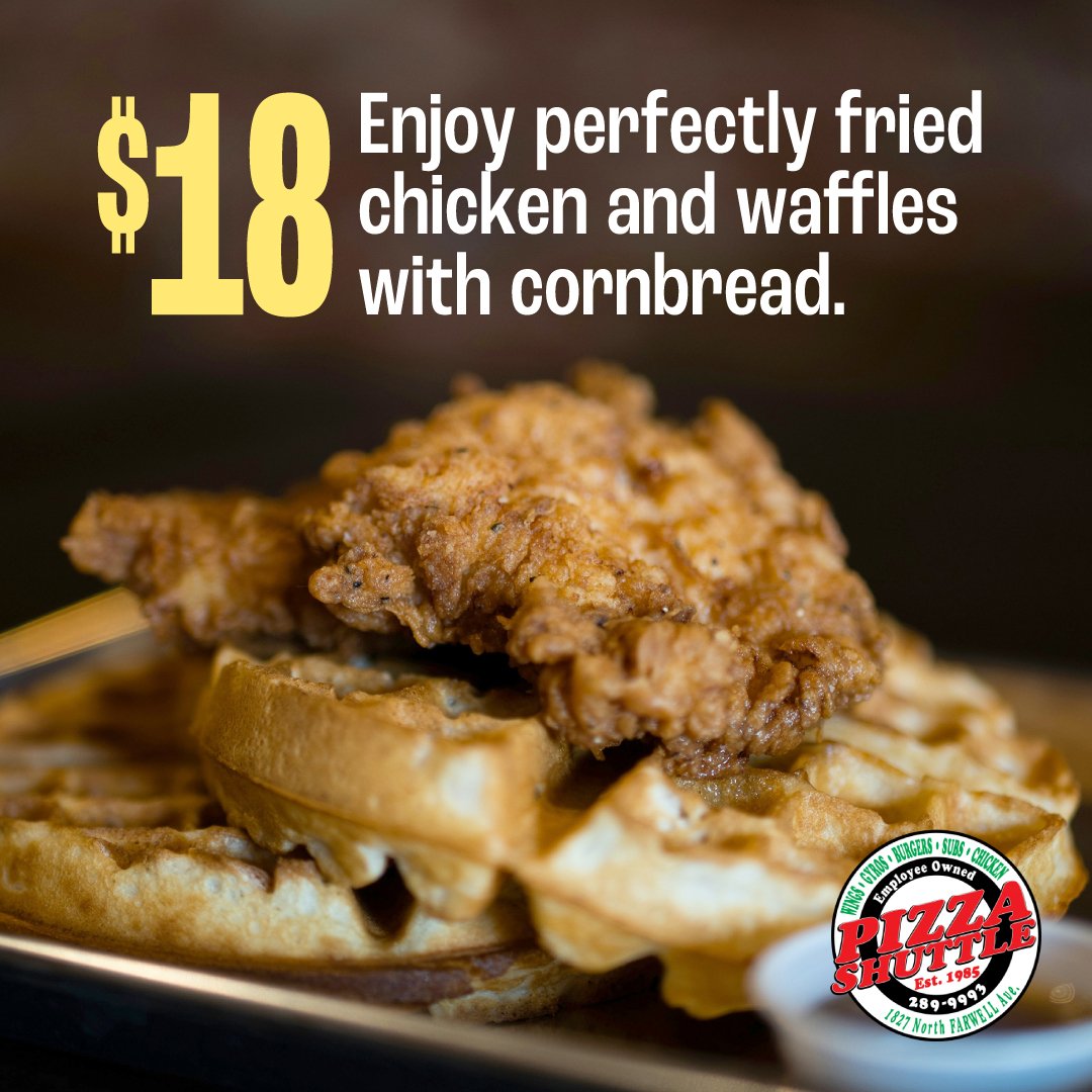 🚨🍗 Menu Feature Alert! 🍗🚨

Get our Chicken &amp; Waffles package for just $18! Perfectly fried chicken, two fluffy waffles, and a slice of cornbread. Order now at PizzaShuttle.com!

#PizzaShuttle #ChickenAndWaffles #Milwaukee