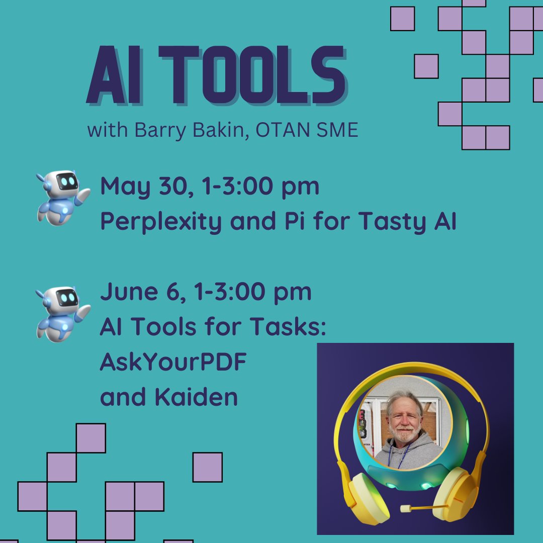 Coming soon! AI tools for Teachers with Barry Bakin, OTAN SME #AIinAdultEd #OTAN
✔️Perplexity and PI for Tasty AI bit.ly/3wJzlRB
✔️AI Tools for Tasks: AskYourPDF and Kaiden bit.ly/3wJzlRB