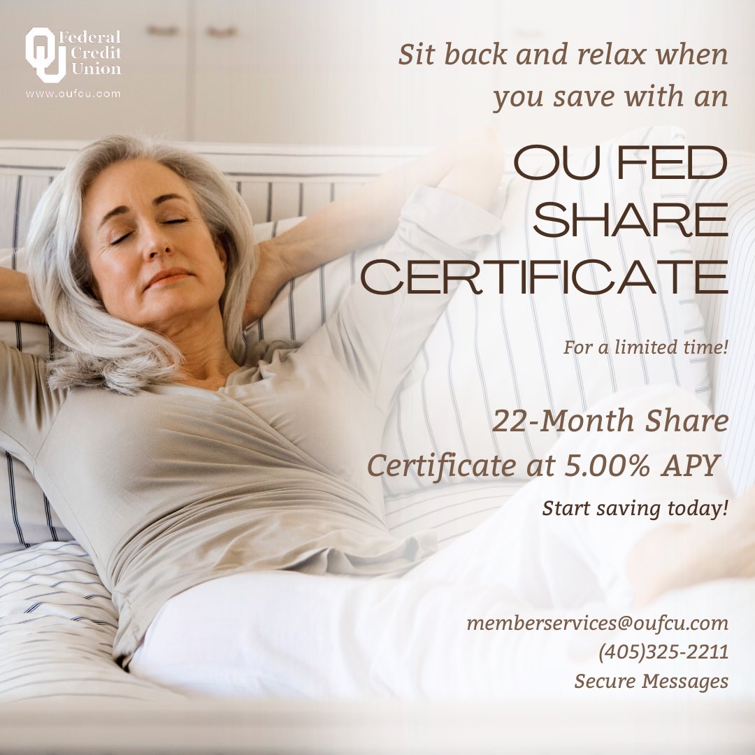 OUFedCU's tweet image. Invest in our new 22-month Share Certificate, and in 22 months, you can thank us!* Limited time offer. 

*New Money Only