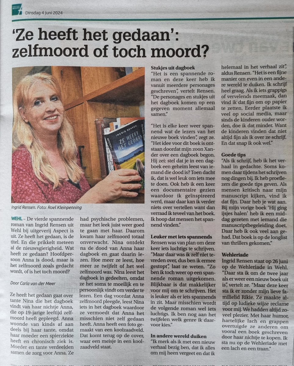 Een leuk artikel in het Doetinchems Vizier over mijn nieuwe boek 'Ze heeft het gedaan'. Op woensdag 26 juni presenteer ik mijn nieuwe boek op de Wehleriade. Wees welkom! #vrouwenthrillers #spannenderoman #booklover #boeken #thriller