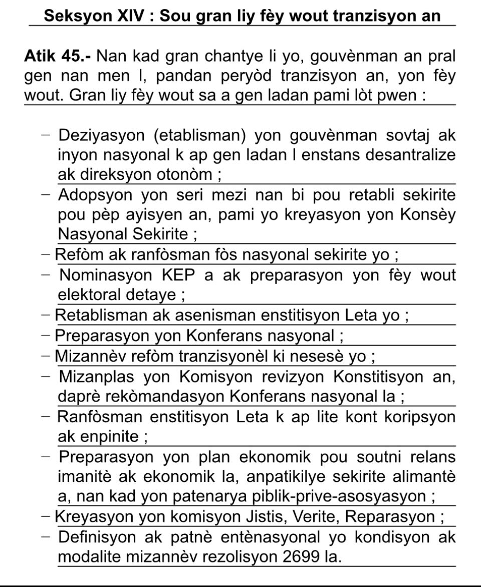 moniclesca's tweet photo. Men li wi: fey wout TRANZISYON an.
Les grandes lignes de la feuille de route de la transition en #Haiti.
Tout nèg yo, eskize m, ak Madanm nan, te dako ak li.
Se poutèt sa yo te siyen #Ako3Avril la.
Pa gen lot wout non!
Se li ki pou ekzekite ant kounye an ak 7 fevriye 2026. https://t.co/ZzkkuNME9Y