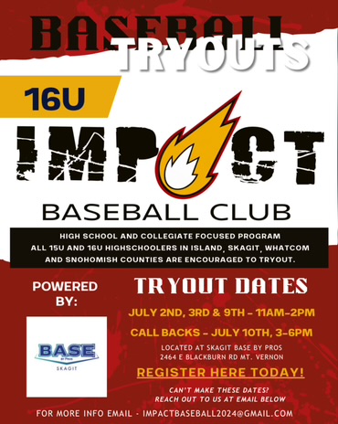 BASE by Pros (@basebypros) on Twitter photo Powered by BASE by Pros - #Skagit, newly formed Impact Baseball Club (IBC) is excited to announce tryouts for the 2024-2025 16u season!
IBC is set to provide elite level training, with a dedicated focus on high school and collegiate goals.
Sign up: forms.gle/ssxUinkVozo3k9… Powered by BASE by Pros - #Skagit, newly formed Impact Baseball Club (IBC) is excited to announce tryouts for the 2024-2025 16u season!
IBC is set to provide elite level training, with a dedicated focus on high school and collegiate goals.
Sign up: forms.gle/ssxUinkVozo3k9…
