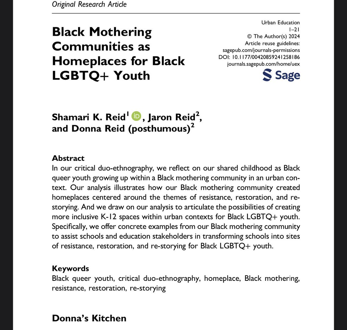 To honor all of the Black women who raised me including my late aunt and sister, I share this one. Written with my cousin &amp; the spirit of my auntie/his mother “Donna Do” to counter deficit views of Black mothers and Black LGBTQ+ youth. Read it here: journals.sagepub.com/doi/10.1177/00…