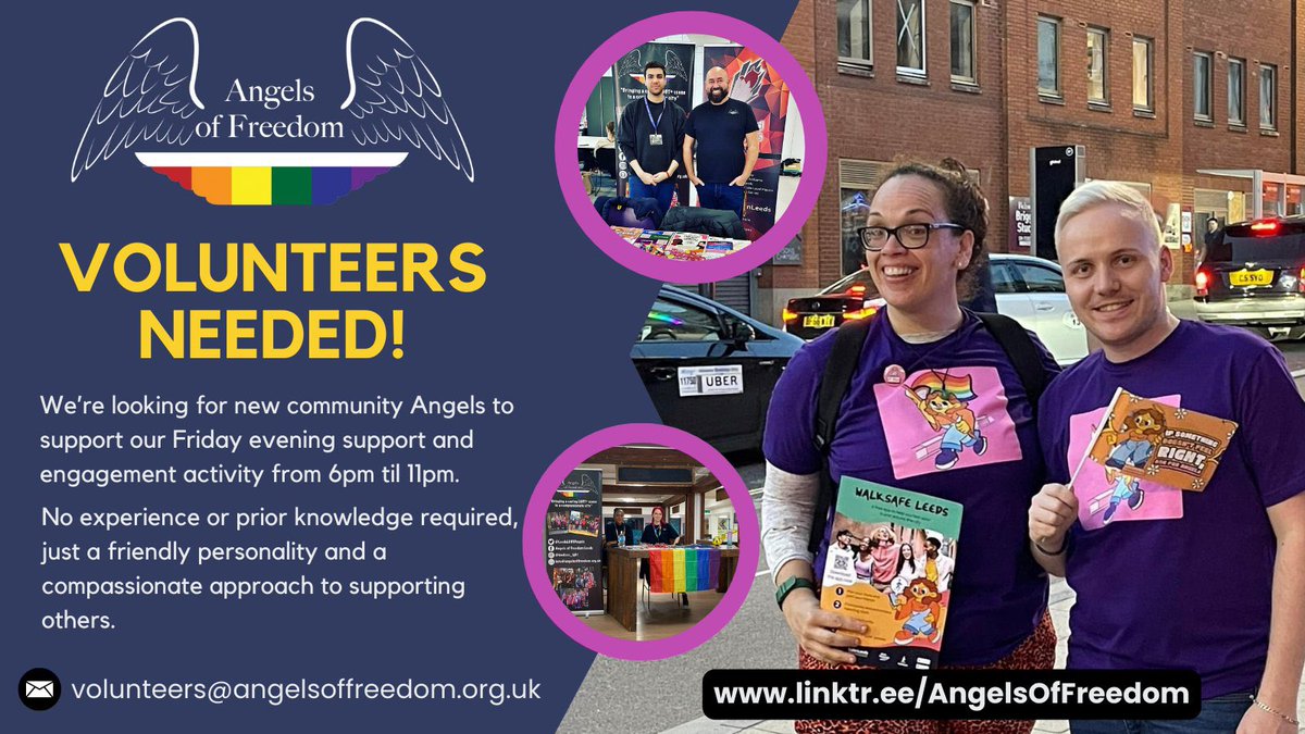 #Opportunity #Volunteer

Our friends aka ‘Angels of Freedom’ are looking for volunteers to support the Friday evening activities &amp; wider community engagements

#NightSafeLeeds
#AskForAngelaLeeds
#WalkSafeLeeds

#BeSafeFeelSafe, have a good experience, get home safely &amp; return ✊🏽