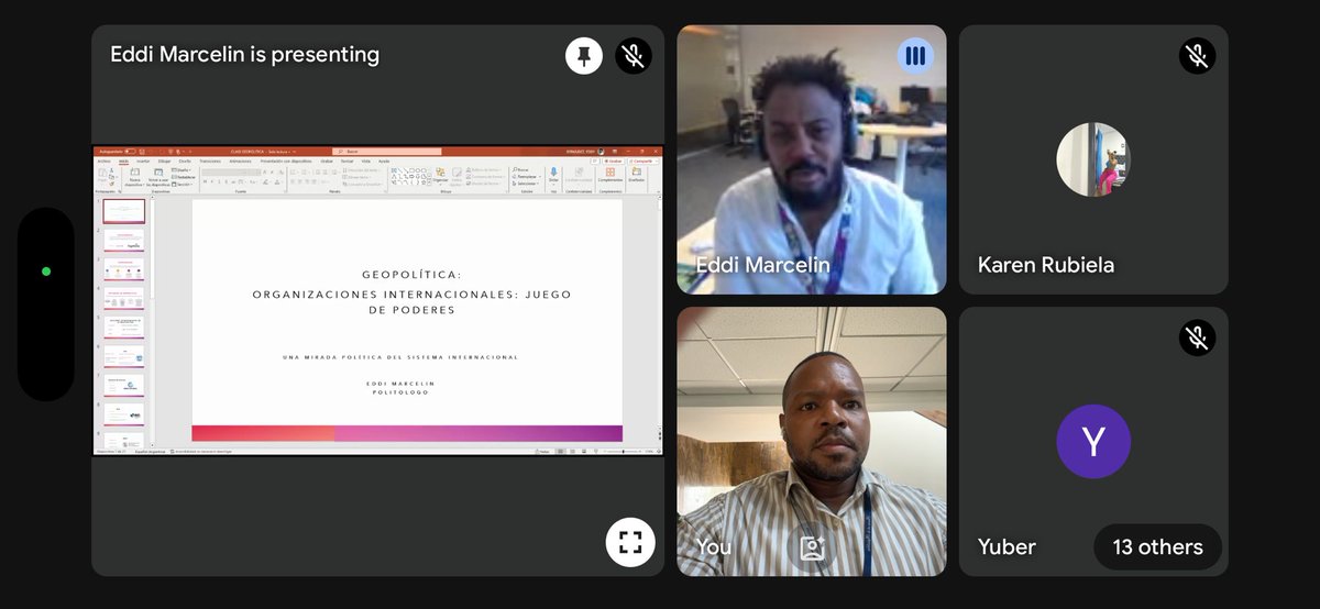 Hoy nos acompaña en la clase de Geopolítica de <a href="/CSocialUTCH/">Comunicación Social y Periodismo UTCH</a>, el ejecutivo senior de la CAF <a href="/EddiXavierMarce/">Eddi Marcelin</a> hablando de organizaciones internacionales.