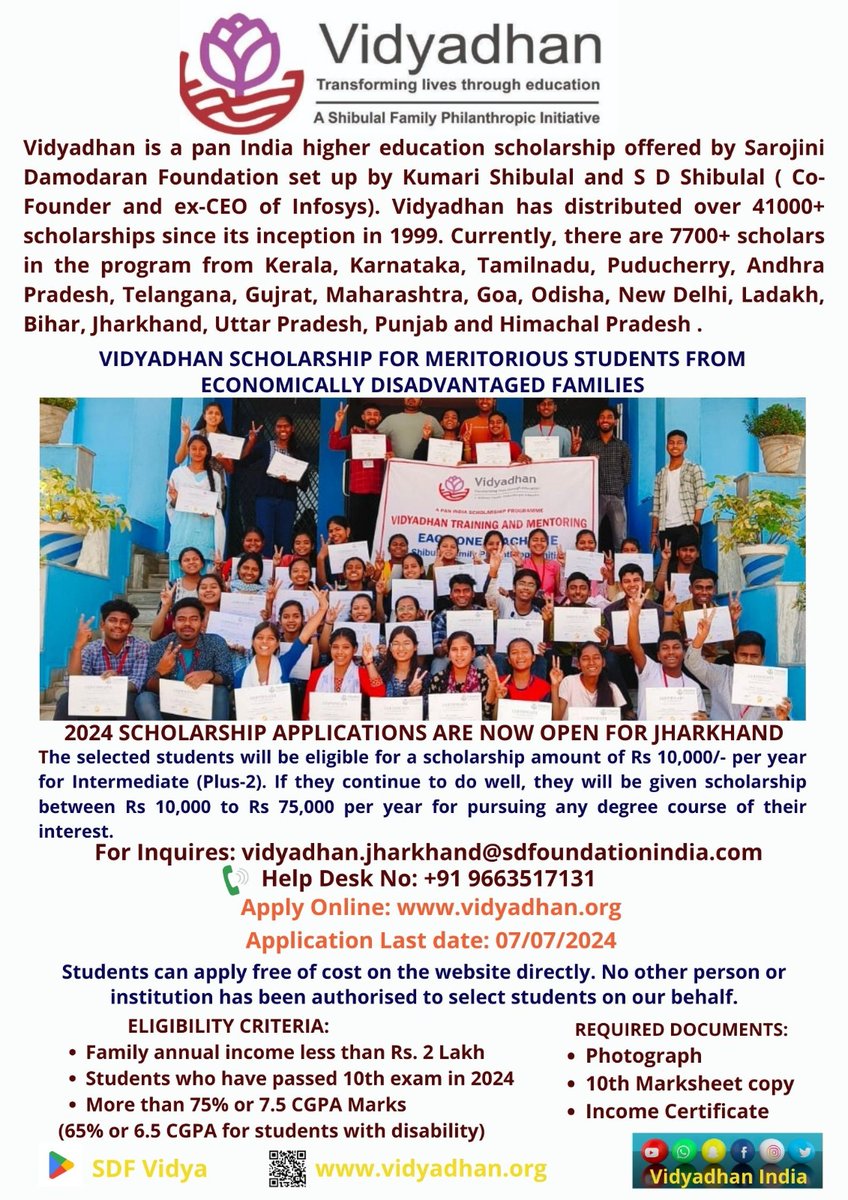 We invite applications for the Vidyadhan Scholarship Program for Students from Maharashtra, Gujarat, Himachal Pradesh and Delhi. 

For more details check vidyadhan.org 

Don't miss out the opportunity!
<a href="/VidyadhanIndia/">Vidyadhan</a>
#vidyadhan #vidyadhan_schoolership