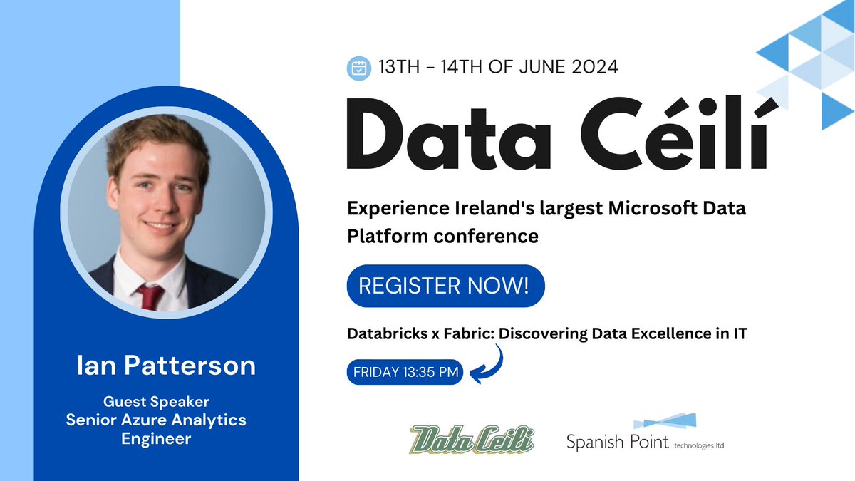 Spanish Point Tech (@spanish_point) on Twitter photo Don't miss the Data Céilí event! 
🗓️13th - 14th June
📍Trinity College Dublin
Next Friday at 13:35, hear our consultant Ian Patterson, speak on "Databricks x Fabric: Discovering Data Excellence in IT."
Register: dataceili.ie
#DataCéilí #Databricks #MicrosoftFabric Don't miss the Data Céilí event! 
🗓️13th - 14th June
📍Trinity College Dublin
Next Friday at 13:35, hear our consultant Ian Patterson, speak on "Databricks x Fabric: Discovering Data Excellence in IT."
Register: dataceili.ie
#DataCéilí #Databricks #MicrosoftFabric