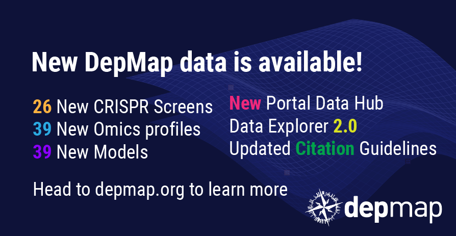 🎉New DepMap data and tools available on the portal! We’re excited to release new Omics and CRISPR data to the DepMap portal, as well as a new portal tool, Data Explorer 2.0, and a new DataHub where you can learn more about DepMap’s data structure and how to map data files.