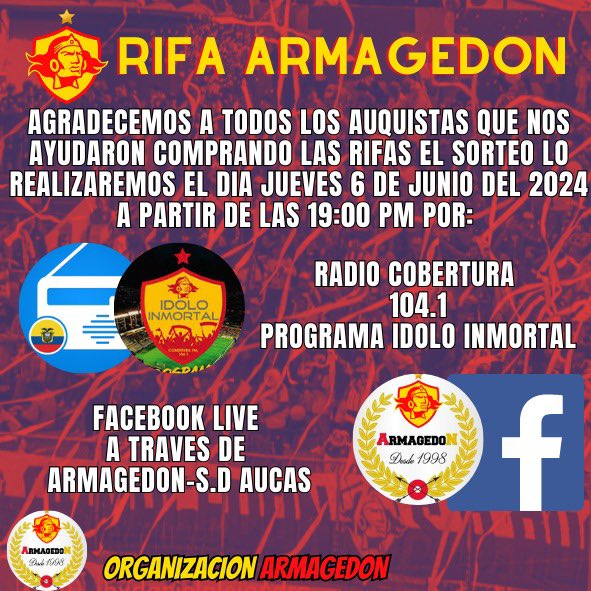 ARMAGEDON_SDA's tweet photo. Pilas auquistas! 🟡🔴🟡
Este jueves 6 de junio del 2024, realizaremos la rifa para la renovación de la instrumental. Por Ídolo Inmortal en Cobertura 104.1 FM desde las 19:00.
#AmorPorLosColores #Desde1998 #SoloAucas #Desde1945 #Armagedon #25Años https://t.co/UOBUCTt0pQ
