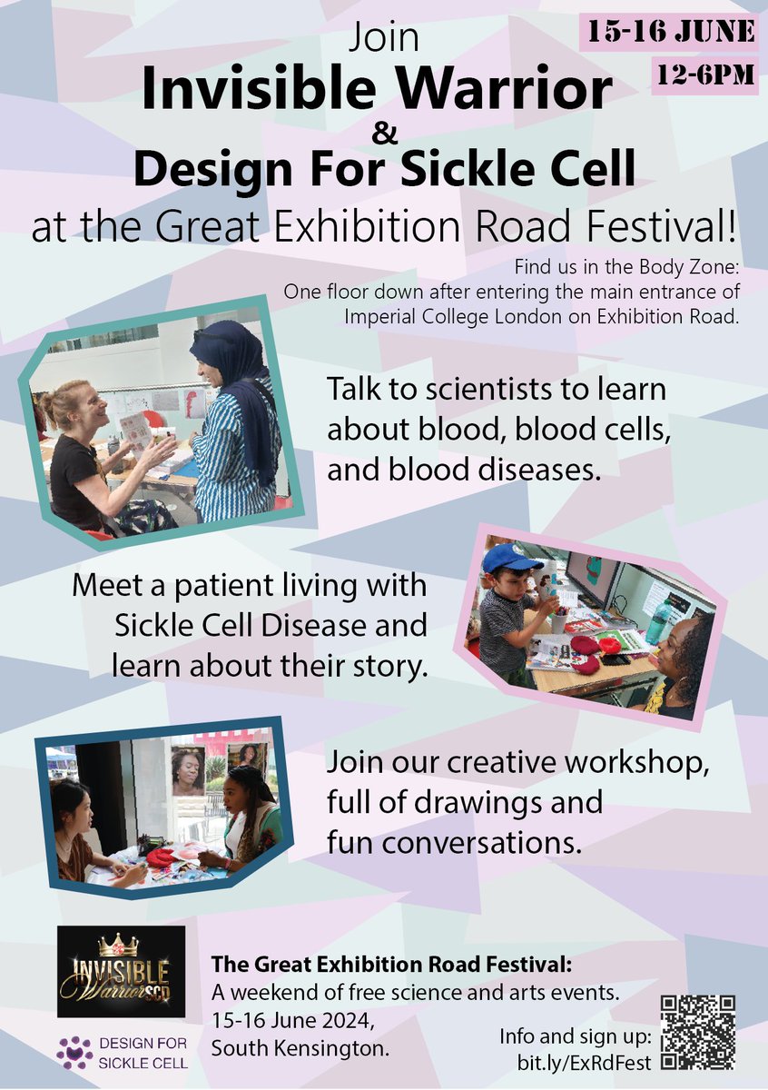 InvisWarriorSCD's tweet photo. If you are heading to the @ExRdFestival add our #InvisibleWarrior stand to your itinerary! We are in the Brilliant Bodies Zone. Visit us to learn about #bloodscience, #sicklecell and much more!
Saturday 15 June: https://t.co/T5xJDQNFTp
Sunday 16 June: https://t.co/bV344HFRAq https://t.co/voRGzzPnl7